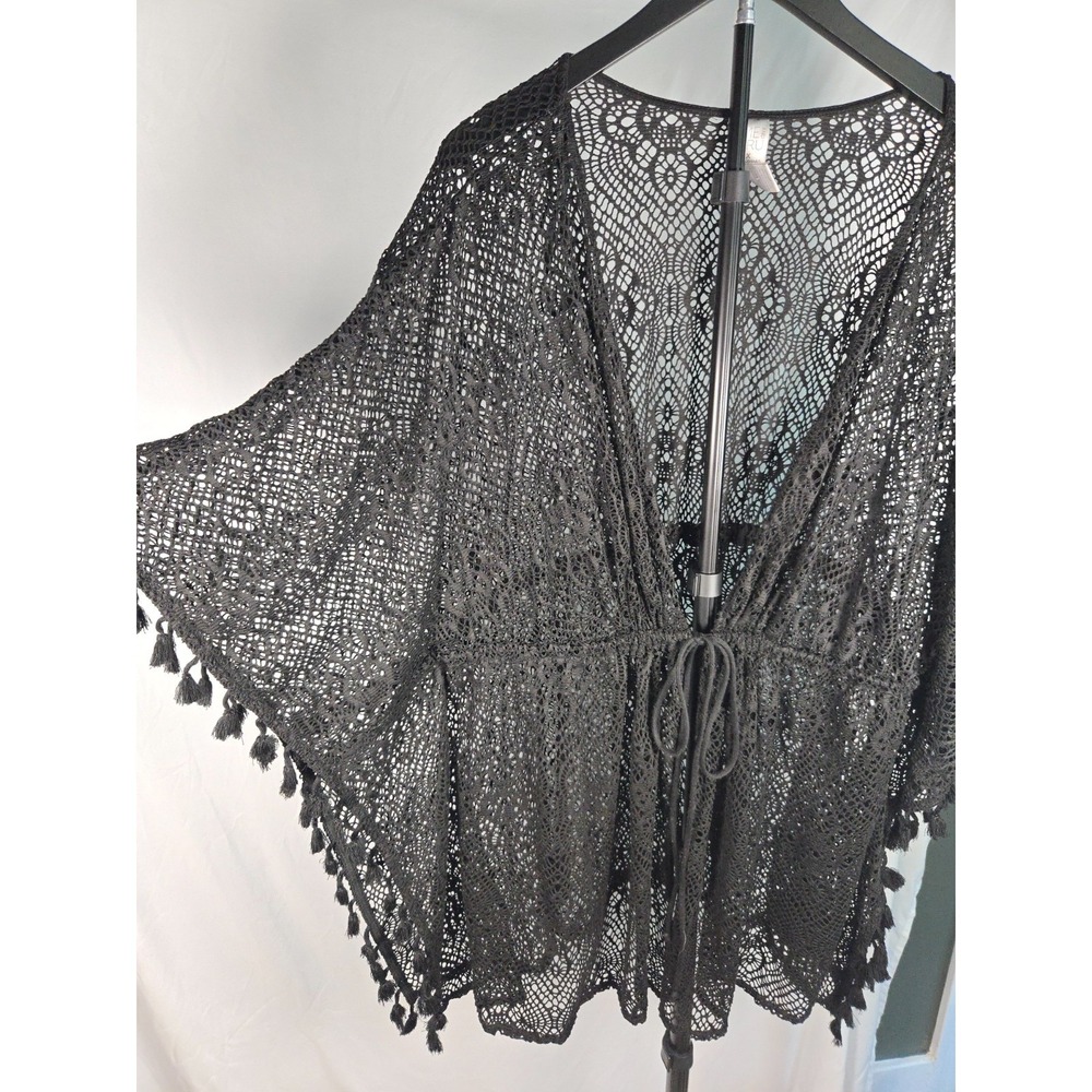 Black Crochet Lace Kimono Cover Up Size 2XL Tassel Boho Beach Swimwear Resort